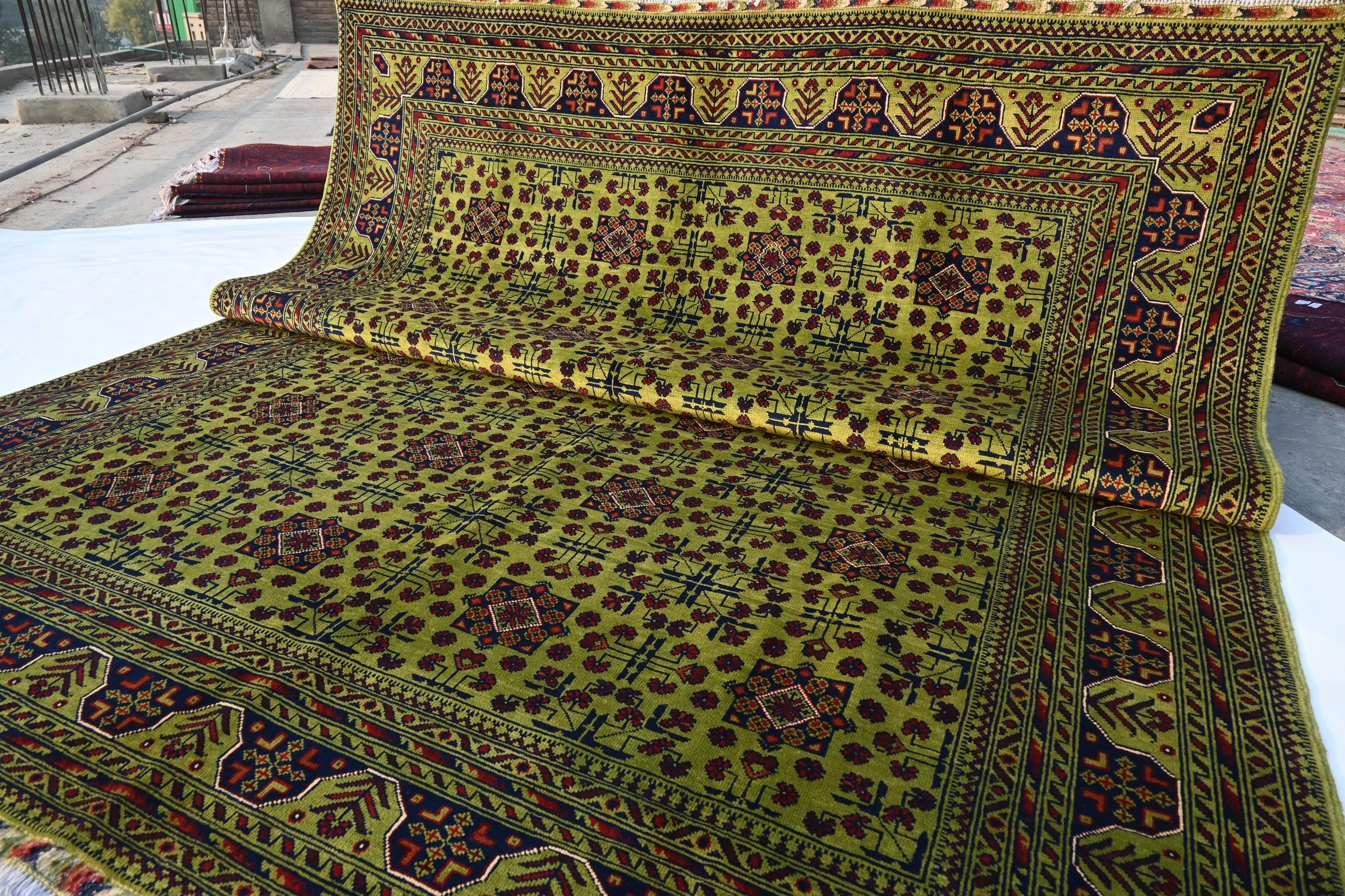 Fern Green Custom Rug- Hand Knotted Afghan Tribal Bukhara Rug 9x12 8x10 7x10 6x8 5x7 4x6 Fine Turkmen Wool Rug- Vintage Pattern Oriental Rug
