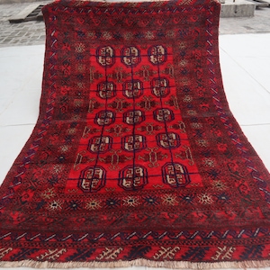 Alfombra afgana de 4 x 7, alfombra de lana hecha a mano, alfombra vintage, alfombra tribal turcomana Mowri, alfombra oriental roja Bukhara, alfombra para dormitorio, alfombra para oficina, alfombra para cocina