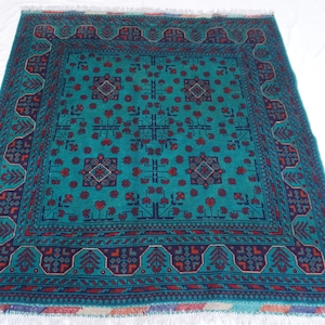 5x5 Turquoise Square Rug- Afghan Bukhara Rug 5&#39;0x5&#39;4 ft Handmade Fine Wool Rug- Modern Area Rug- Organic dyes Rug Bedroom Rug 150x160 cm Rug