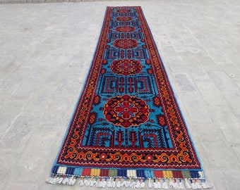 ブルー 10 フィート ランナー ラグ - アフガニスタン製ハンドメイド