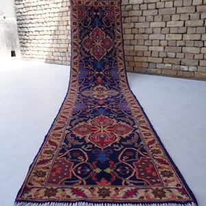 Navy Blue 10 ft Runner Rug Floral Bijdar Rug- Afghan Handmade Wool Rug- Turkmen Tribal Rug- Oriental Oushak Rug- Hallway Runner- Kitchen Rug