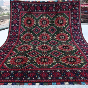 Green Rug 5x7 Afghan Rug- Handmade Rug- Fine Wool Rug- Turkmen Tribal Rug- Vintage Rug- Sarique Rug- Vintage Rug- Oriental Rug- Bedroom Rug