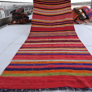 1940s Antique 4x10 Handmade Rug- Afghan Wide Runner- Vintage Flatweave Kilim Rug- Red Orange Rug Turkmen Boho Rug Oriental Rug Bedroom Rug