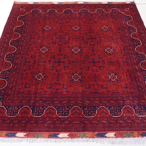 7x7 Red Square Rug 200x210 cm Afghan Bukhara Rug- Handmade Wool Rug Bedroom Rug- Turkish Traditional Rug- Square Vintage Rug- Oriental Rug