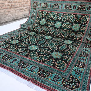 7x10 Black and Turquoise Afghan Rug- Large Turkmen Unique Bukhara Rug- Handmade Wool Rug- Oriental Rug- Bedroom Rug- Tribal Living Room Rug