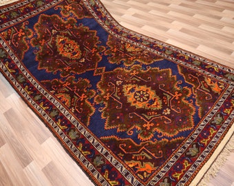 Navy blue Antique Rug 4x7 High Pile Vintage Rug- Afghan Handmade Wool Area rug- Authentic Genuine Oriental rug- Geometric Baluchi Old Carpet