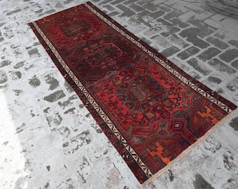 97 x 257 cm Afghaanse loper uit de jaren 1940 - Handgemaakt geometrisch Balochi-tapijt van 100% wol - Rood fijn tapijt - Loper voor de hal - Oriëntaals boho-tapijt