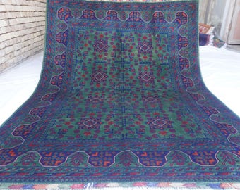 5x7 Dark Green Rug- Bukhara Rug Afghan Handmade Wool Area Rug- Turkmen Tribal Rug- High Pile Soft Wool Rug- Oriental rug Bedroom- Office Rug
