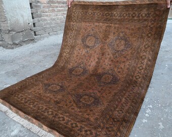 Afghan Vintage Rug 3x5 Tribal Bukhara Terracotta Rug 3'5x4'10" Turkman Handmade Wool Rug Oriental Area Rug Bedroom Rug Office Rug 100x150 cm
