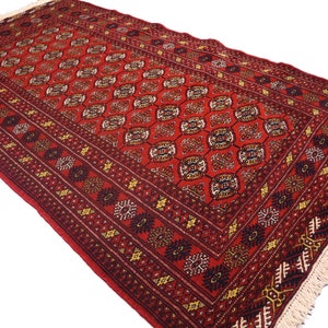 Alfombra afgana de 4 x 7, alfombra de lana hecha a mano, alfombra vintage, alfombra tribal turcomana Mowri, alfombra oriental roja Bukhara, alfombra para dormitorio, alfombra para oficina, alfombra para cocina