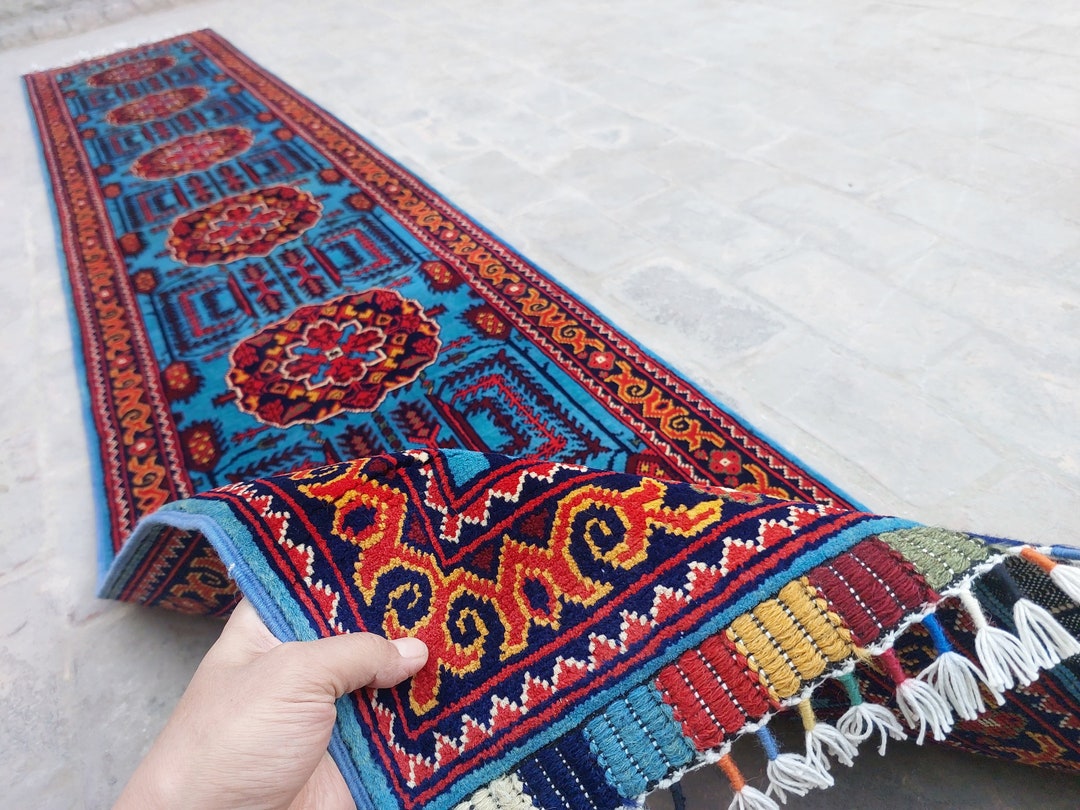 ブルー 10 フィート ランナー ラグ - アフガニスタン製ハンドメイド