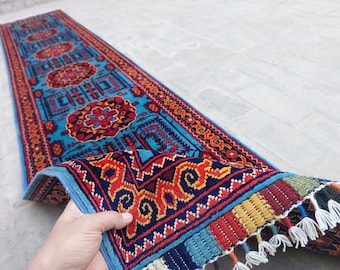 トライバルラグ　パキスタンラグ　ランナー ブルー 10 フィート ランナー ラグ - アフガニスタン製ハンドメイド