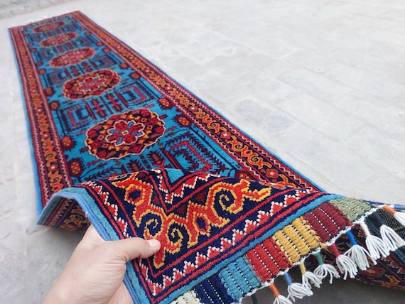 ブルー 10 フィート ランナー ラグ - アフガニスタン製ハンドメイド