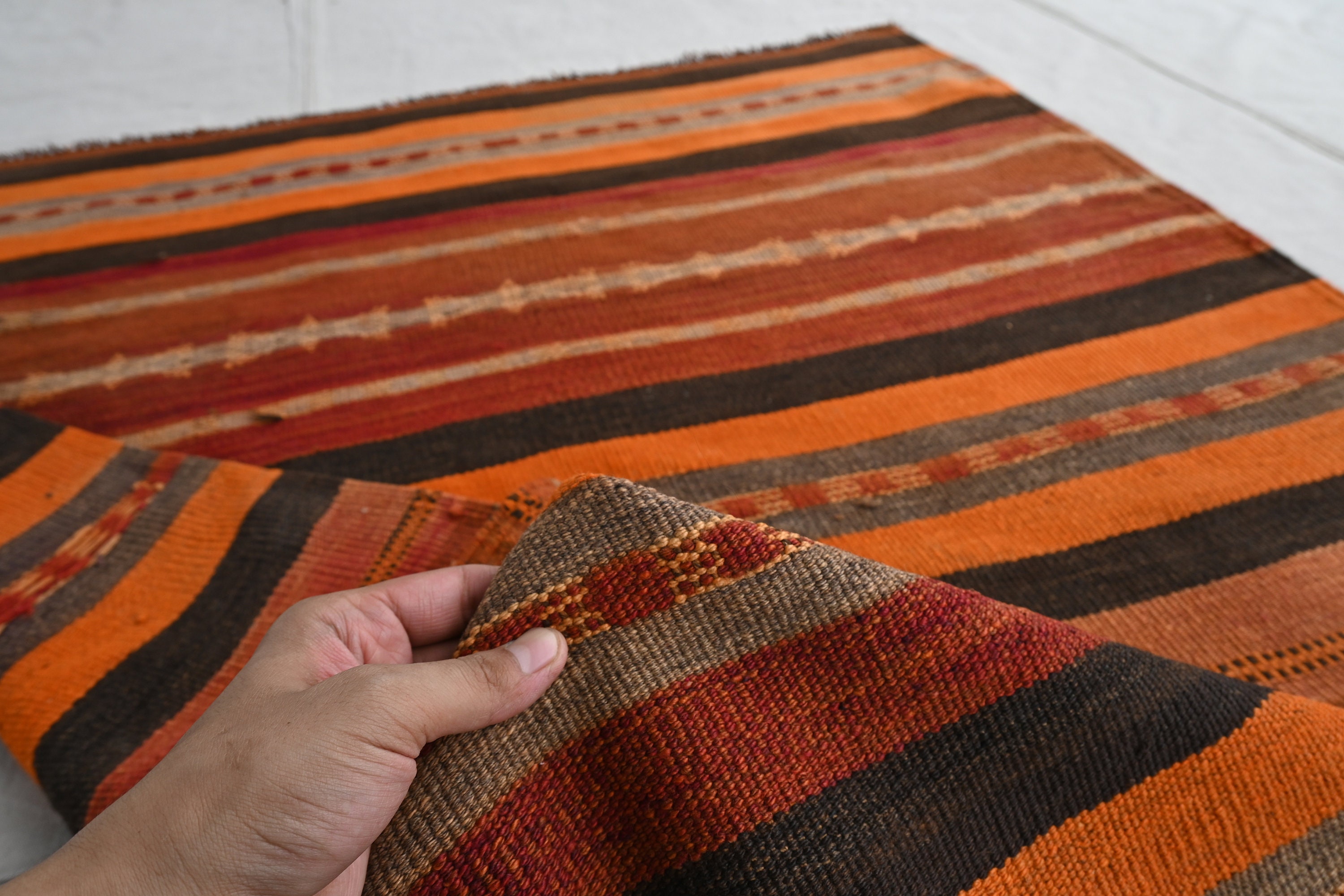 4x5 Vintage Rug- Turkmen Striped Design Area Rug- Handmade Afghan ...