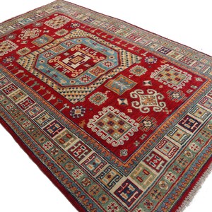 Red 4x6 Kazak Area Rug - Afghan Hand Knotted Natural dyes Wool Rug - Turkmen Tribal Geometric Rug- 120x180 cm Rug for Bedroom- Living Room