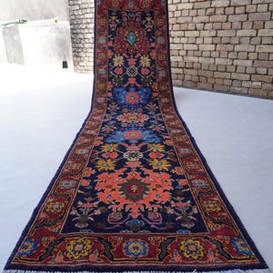 11 ft Runner Rug- Navy Bijdar Rug- Afghan Serapi Rug- Handmade Rug- Fine Wool Rug- Turkmen Floral Oushak Rug- Hallway Runner- Kitchen Runner