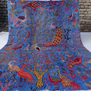 5x7 Hand Knotted Pictorial Rug- Birds Peacocks Art Rug- Tree of life Rug- Rich Blue Rare Rug- Best for Kids Room- Wall Decor Rug Bedroom Rug