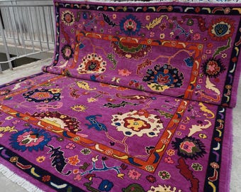 Large Purple Area Rug 8x10 ft Turkish Oushak Rug- Turkmen Handmade Wool Rug- Veg dyes Rug- Rug for Living Room Modern Color Full Rug 250x300