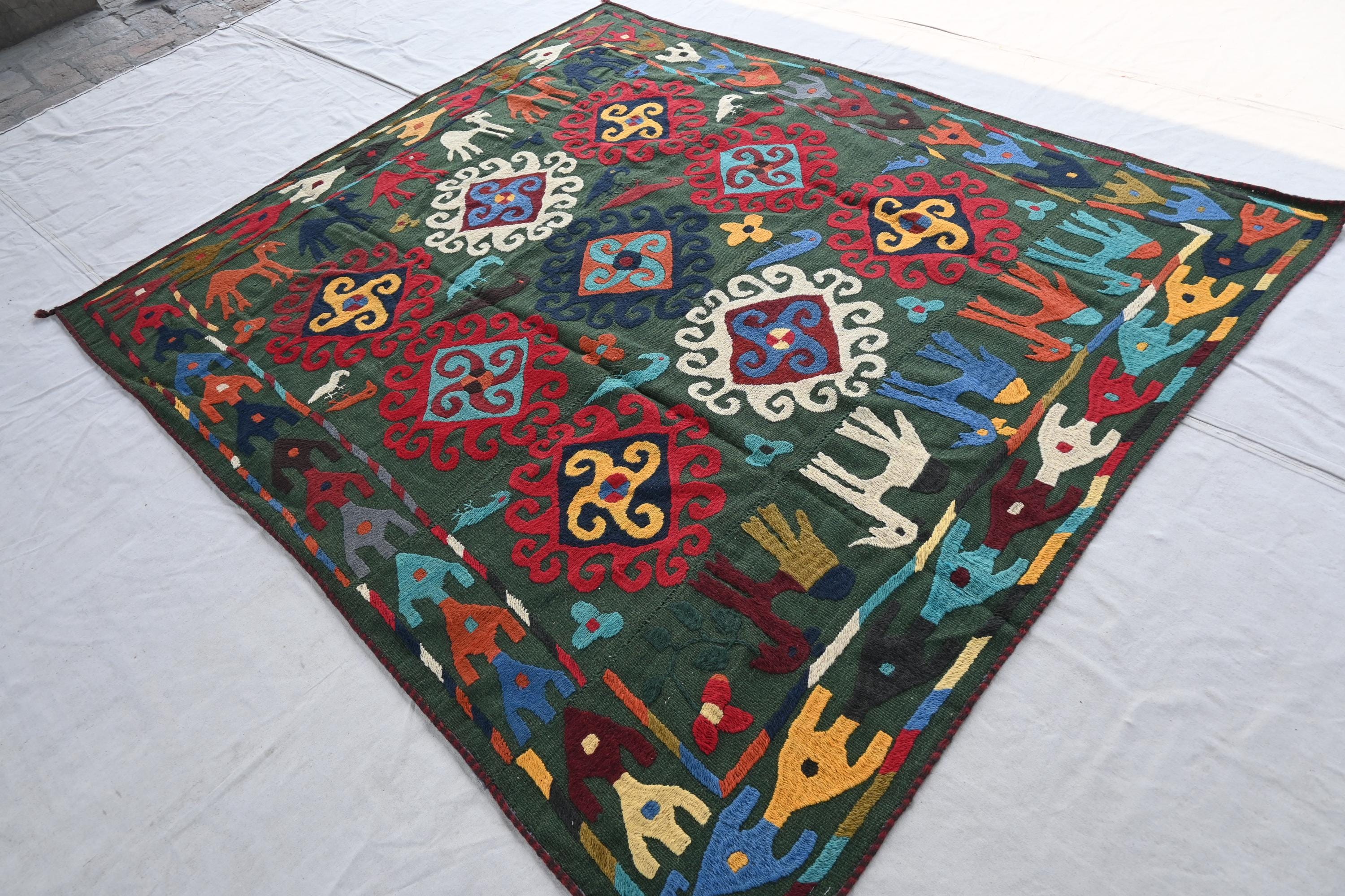 Vintage Green Tapestry Rug 7x7 Afghan Handmade Wool Square Rug