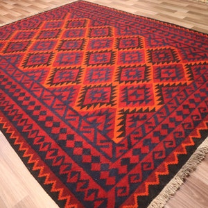 Antique Kilim rug 5x7 Handmade Afghan Flatweave Geometric Ghalmori Kilim Rug- Oriental Vintage Rug Bedroom Rug- Orange Blue Black 160x200 cm