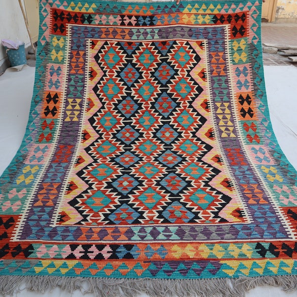 6x8 Handmade Afghan Rug - Flatweave Multi Color Geometric design Maimana Kilim Rug - Oriental Large Area Rug- Living Room - Dining Table Rug