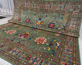 8x10 Large Green Bijdar Rug- Afghan Handmade Wool Rug- Turkmen Green Turkish Oushak Rug- Rug for Living Room 240x300 cm Traditional Area Rug
