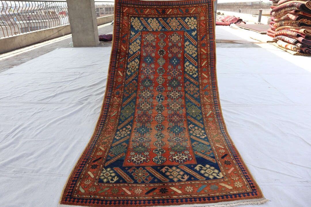 1930年代アンティークラグ 3x6 ハンドメイドウールラグ - テラコッタ