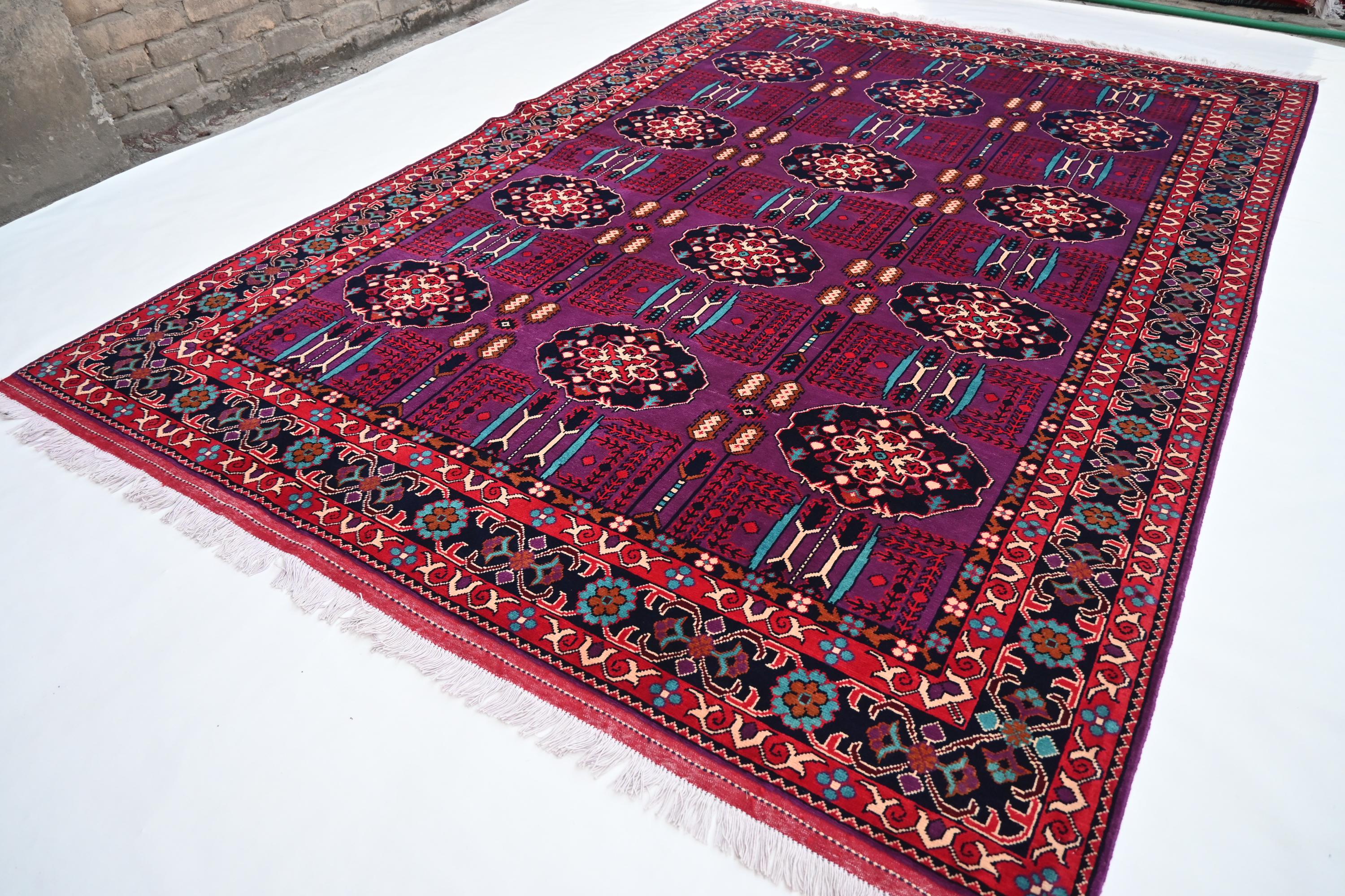 7x10 Purple Afghan Rug- Large Turkmen Unique Wheat Design Rug