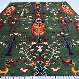 5x7 Green Pictorial Rug- Afghan Handmade Wool Rug- Multi Tree of life Rug- Turkmen Art Rug- Kids Room Rug Living Room Rug- Oriental Area Rug