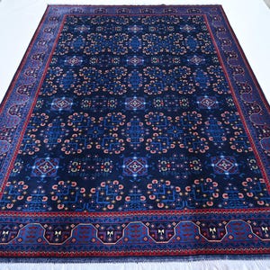 Navy Blue Afghan Rug 7x10 Hand Knotted Wool Rug- Oriental Bukhara Rug Turkmen Tribal Rug- Bedroom Rug- Home decor rug 200x300 cm Bedroom Rug