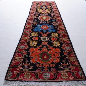 May include: A long, rectangular rug with a black background and intricate floral patterns in red, orange, yellow, and blue. The rug has a red border and white fringe on the ends. This decorative rug is suitable for a hallway or entryway.