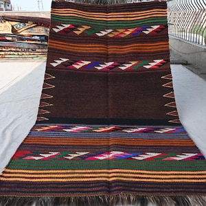1920s Antique Rug 3x5 Colorful Rug- Afghan Flatweave Kilim Rug- Turkman Geometric Striped Kilim Rug- Handmade Wool Rug- Trible Area Rug