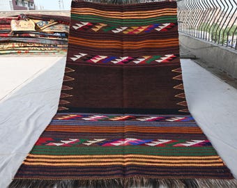 Alfombra antigua de los años 20, de 3x5 pulgadas, colorida, de tejido plano afgano, kilim turcomano de rayas geométricas, de lana hecha a mano, de estilo tribal.