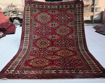 Antiek tapijt uit de jaren 1950, 120 x 180 cm, Turkmeens Sarique tapijt - Handgemaakt Afghaans wollen Baluchi tapijt - Geometrisch tribaal nomadisch tapijt - Tapijt voor de woonkamer - Tapijt voor de slaapkamer