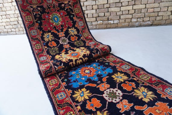 10 ft Runner Rug- Black Bijdar Rug- Afghan Serapi Rug- Handmade Rug- Fine Wool Rug- Turkmen Tribal Rug- Black Oushak Rug- Hallway Runner Rug