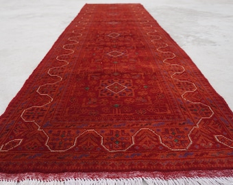 Red/Orange 11 ft Runner- Modern Bukhara Rug- Afghan Handmade Wool Rug- Turkmen Tribal Vintage Rug- Hallway Runner- Kitchen Runner 2'9x10'7"