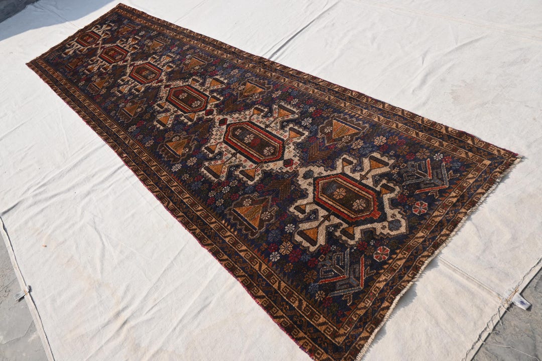 3x9 Runner Afghan Vintage Rug- Handmade 100% Wool Geometric Balochi Rug ...