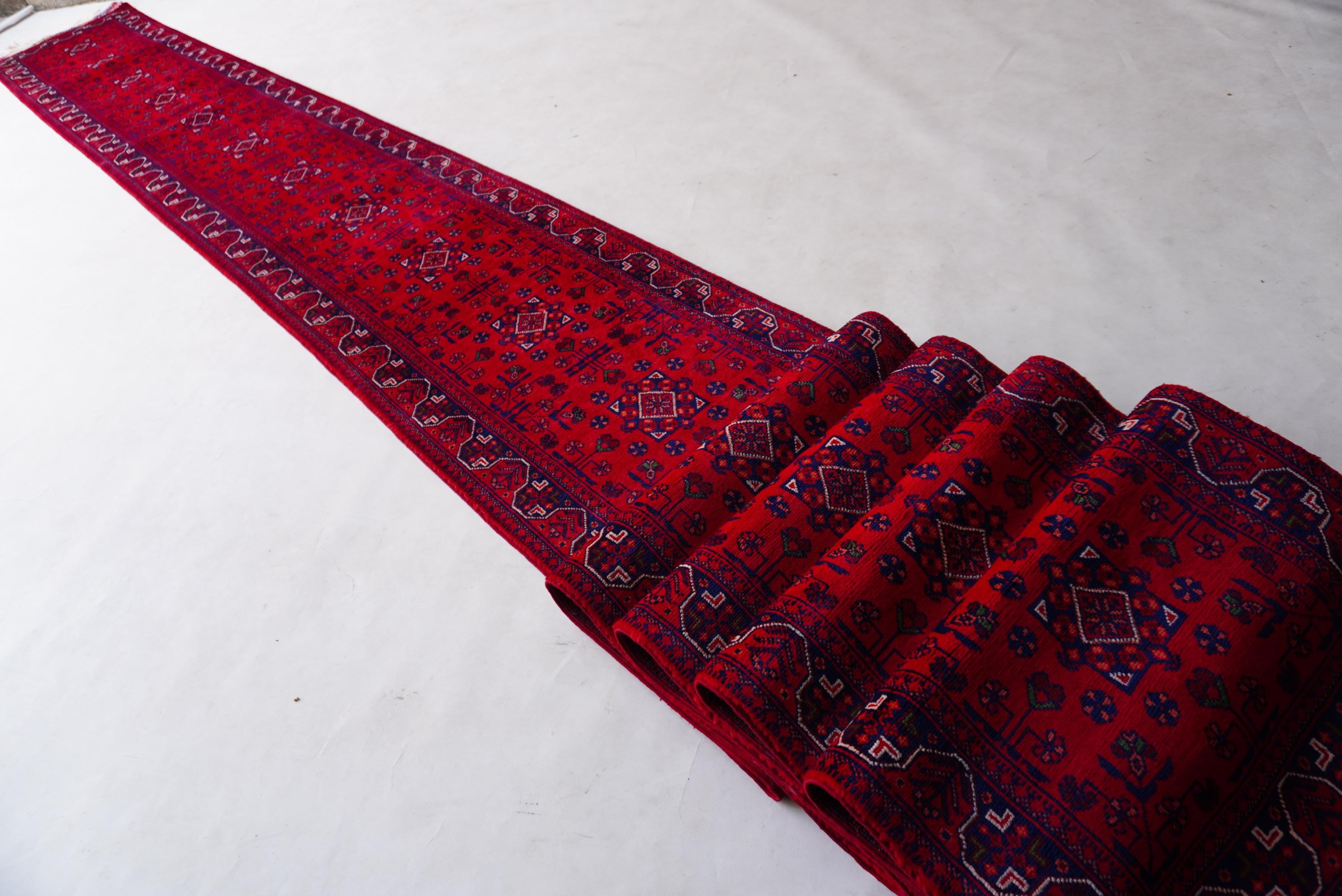 14x25 Long Runner Rug 26 Ft Extra Long Runner Rug- Afghan Bukhara Fine Hand Knotted Wool Red ...