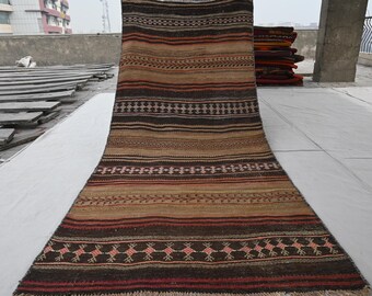 4x11 ブラウンアンティークキリムランナーラグ、アフガニスタンの本物