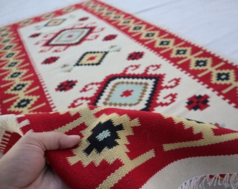 Alfombra Kilim de tejido plano antiguo afgano de 90 x 180 cm, hecha a mano en turco, de lana, geométrica, para dormitorio, oficina y cocina, color blanco.