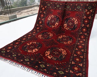 4x6 Vintage Area Rug- Afghan Tekke Ersari Rug- Turkmen Hand Knotted Wool Rug- Rugs for Kitchen- Oriental Red Rug