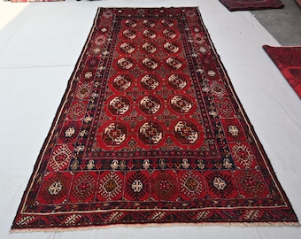 Afghan Vintage Rug- 4'5x9'4" Turkmen Mowri Fine Rug- Hand Knotted Wool Area Rug- Red Soft Pile Boho Rug- Bedroom Rug- Office Rug Kitchen Rug