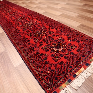 Red 10 ft Runner rug 1&#39;9x10 ft Afghan Bukhara Rug- Handmade Wool Soft Rug Turkmen Tribal Khal Muhammadi Rug- Oriental Kitchen Runner 50x300