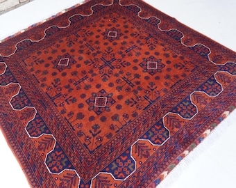 Orange Square Rug 5'3x5'5 ft Hand Knotted Wool Rug- Vintage Pattern Rug Khal Muhammadi Bukhara Rug 160x170 cm Square Rug 5x5 Tribal Area Rug