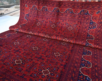 Hand Knotted Afghan Rug 7x10 Khal Muhammadi Bukhara Rug- Turkmen Tribal Red Area Rug- 210x300 cm Bedroom Rug- Office Rug- Living Room Rug