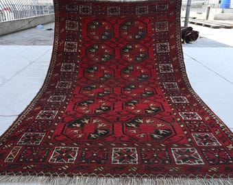 4x6 Vintage Area Rug 1960s Antique Rug- Afghan Tekke Ersari Bukhara Rug- Turkmen Hand Knotted Wool Rug- Rugs for Kitchen- Oriental Red Rug