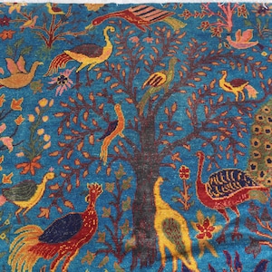 5x7 Blue Area Rug 5&#39;1x6&#39;6 ft Afghan Pictorial Rug- Handmade Fine Wool Rug- Tribal Rug- Multiple Peacocks Birds Trees Oriental Rug- Kids Room