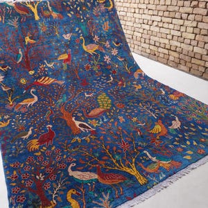 Blue Pictorial Rug 7x10 Afghan Handmade Wool Rug- Birds Peacock Tree Rug- Turkmen Art Rug- Kids Room Rug- Bedroom Rug- Oriental Area Rug
