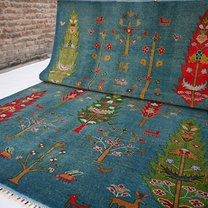 7x10 Blue Pictorial Rug Tree of life Rare Rug- Afghan Hand Knotted Rug- Turkmen Wool Rug Oriental Art Rug- Bedroom Rug- Living Room Area Rug