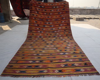 Alfombra Kilim de tejido plano antiguo afgano de 1,35 m x 2,75 m, hecha a mano en lana turcomana, para dormitorio, oficina y cocina, color amarillo, 10 x 2,75 m